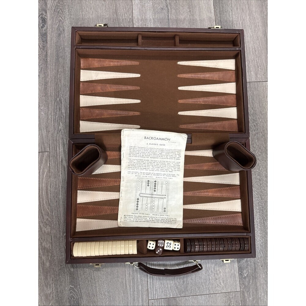 Backgammon Set Leather Case Chips V-Stitch Vintage 1960-70 By Cardinal